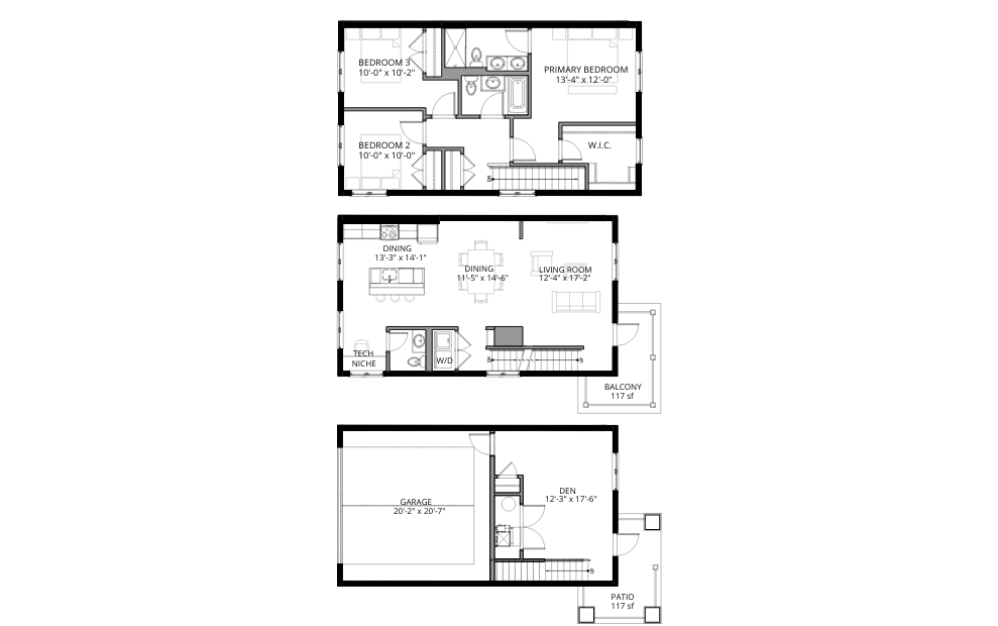 The Cottage - 3 bedroom floorplan layout with 2.5 baths and 2187 square feet. (2D)