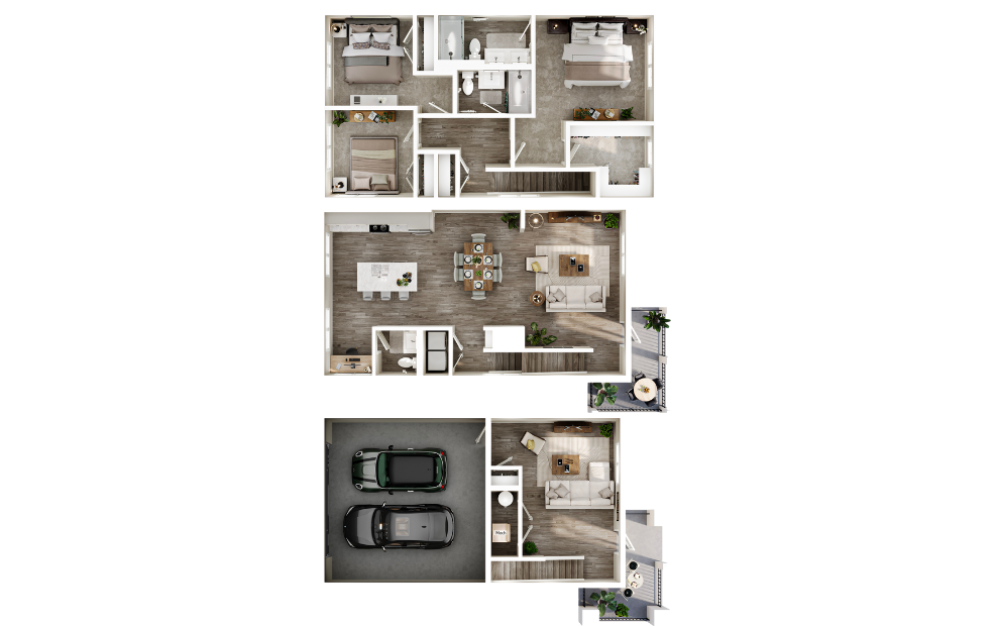 The Cottage - 3 bedroom floorplan layout with 2.5 bathrooms and 2187 square feet (3D)