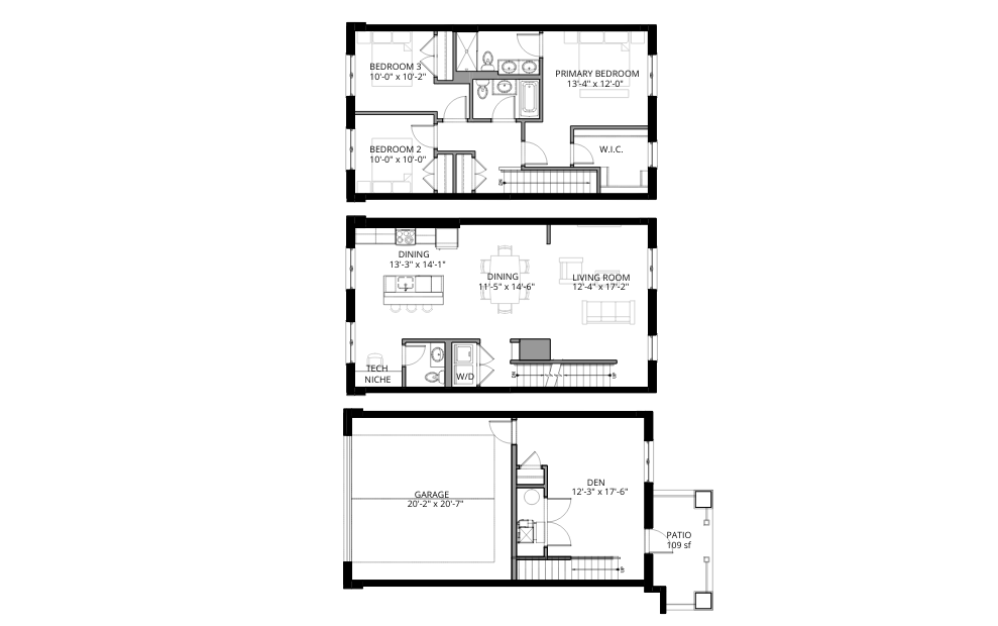 The Marina - 3 bedroom floorplan layout with 2.5 baths and 2187 square feet. (2D)