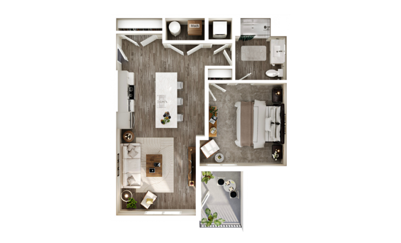 Open-concept floorplan with kitchen island, living area, and balcony. Includes one bedroom with closet, full bathroom, and in-unit washer and dryer.