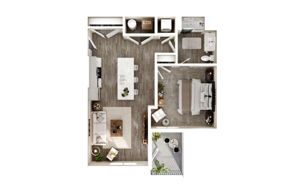 The Grove - 1 bedroom floorplan layout with 1 bathroom and 835 square feet (3D)