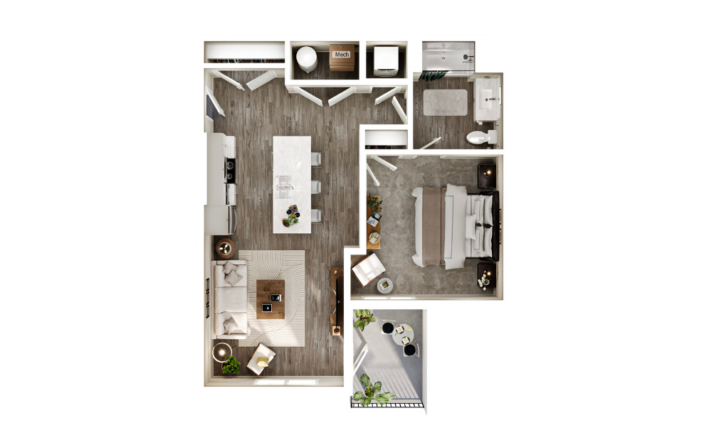 The Grove - 1 bedroom floorplan layout with 1 bath and 835 square feet. (3D)