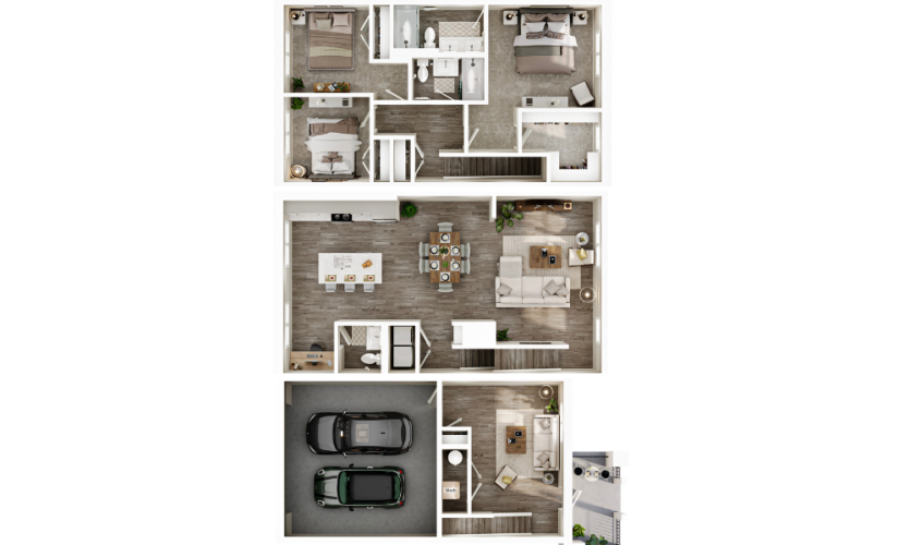 3-level townhome has open kitchen with island, dining and living areas, office space, laundry room, and private balconies. Bedrooms are located upstairs