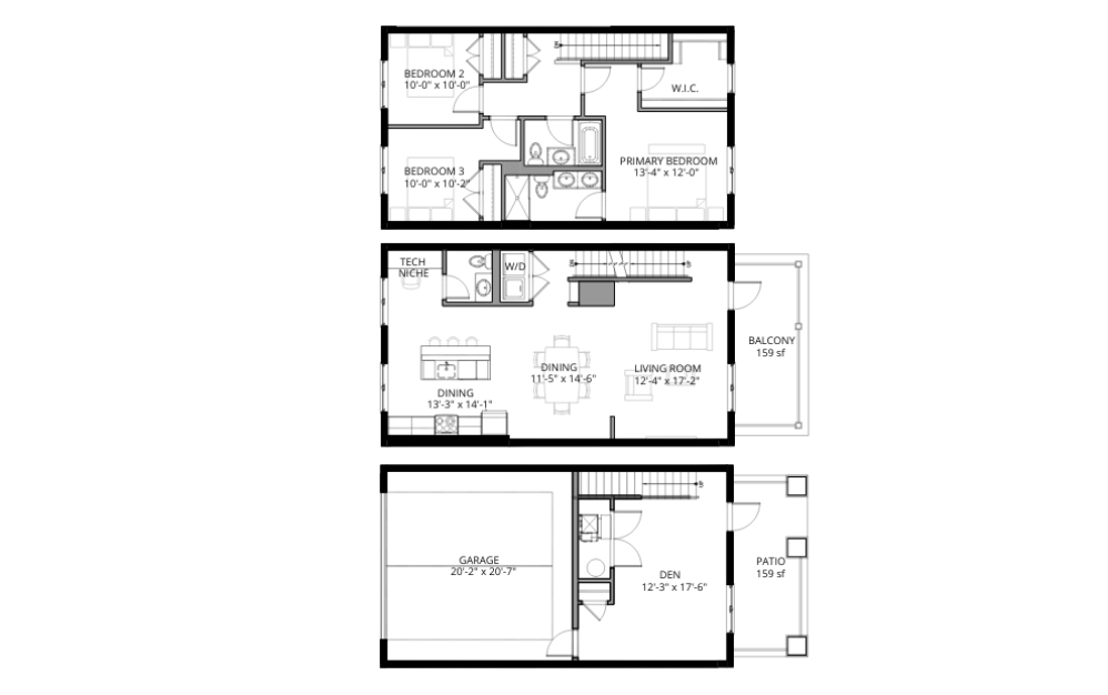 The Pavillion - 3 bedroom floorplan layout with 2.5 baths and 2187 square feet. (2D)