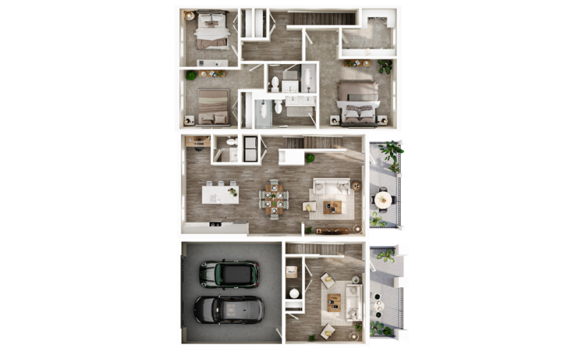3-level townhome has open-concept kitchen, dining and living areas, office space, laundry room, and private balconies. Top floor bedrooms with 2 bathrooms, 1 walk-in closet, 2 small closets.