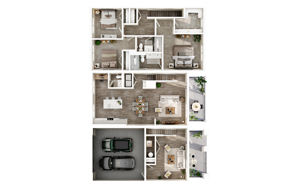 The Pavillion - 3 bedroom floorplan layout with 2.5 baths and 2187 square feet. (3D)