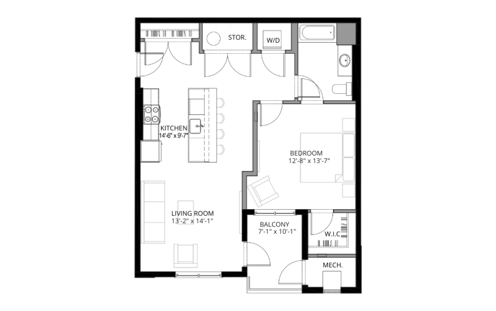 The Quarry - 1 bedroom floorplan layout with 1 bath and 908 square feet. (2D)