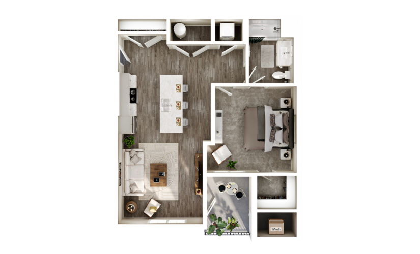 One-bedroom floorplan with open kitchen and island leading to a living area and balcony. Includes a full bathroom, bedroom with closet, and laundry area near the entry.
