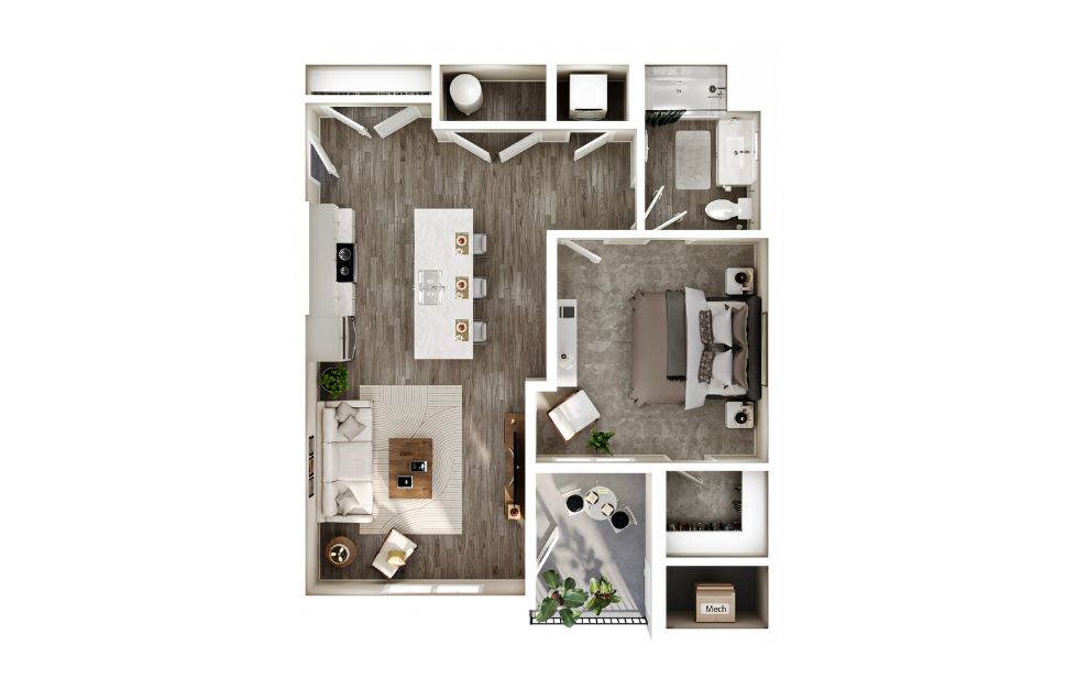 The Quarry - 1 bedroom floorplan layout with 1 bath and 908 square feet. (3D)