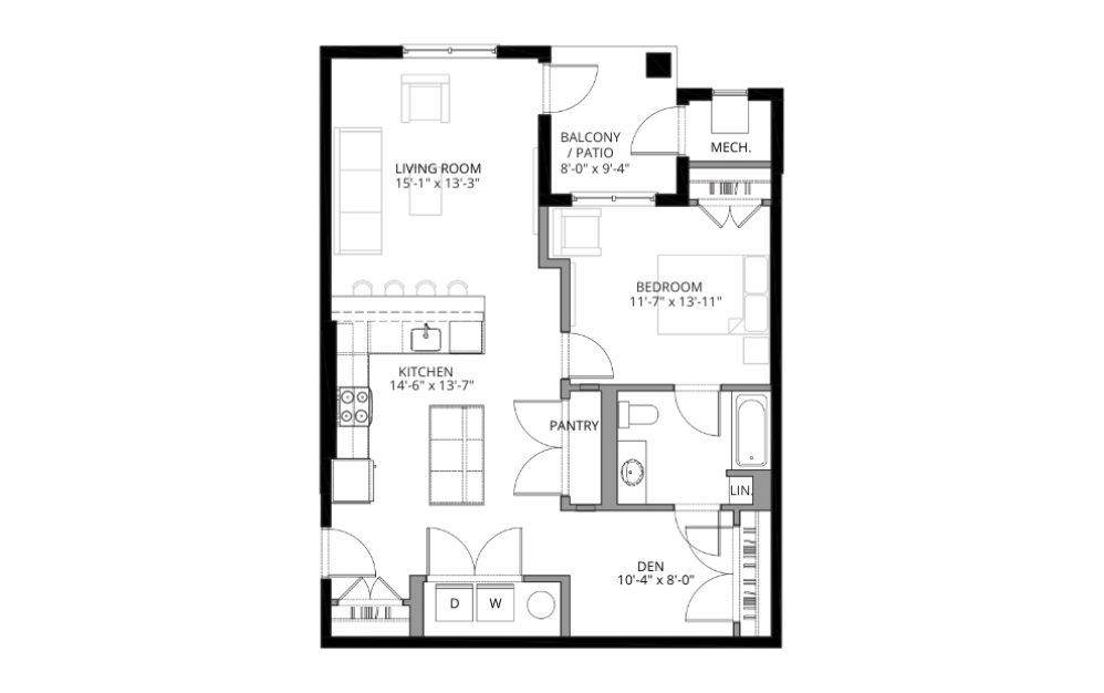 The Trail - 1 bedroom floorplan layout with 1 bath and 990 square feet. (2D)