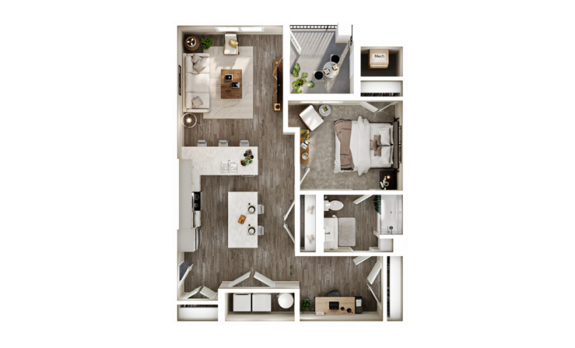 One-bedroom layout featuring an open kitchen with island, living area, and private balcony. Includes a full bathroom, bedroom with closet, laundry area, and dedicated office space near the entry.