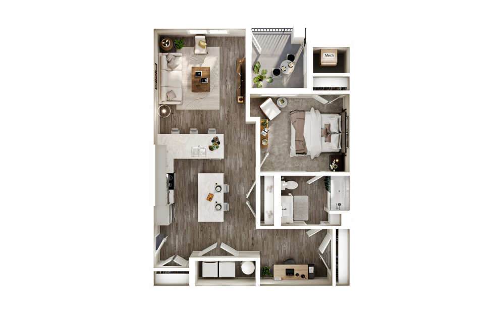 The Trail - 1 bedroom floorplan layout with 1 bath and 990 square feet. (3D)