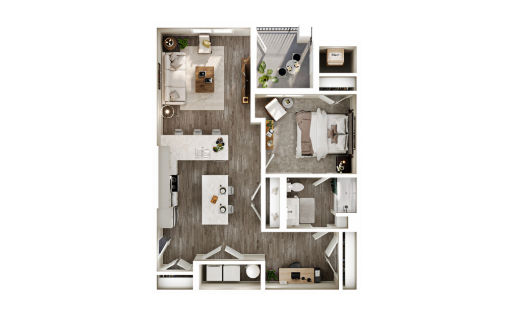 The Trail - 1 bedroom floorplan layout with 1 bathroom and 990 square feet (3D)