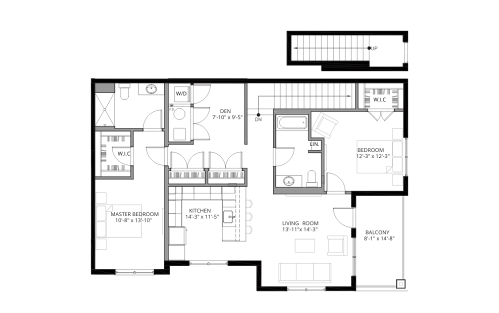 The Beach - 2 bedroom floorplan layout with 2 baths and 1408 square feet. (2D)