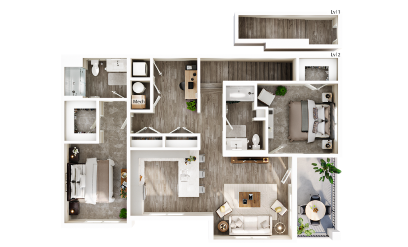 2-bedroom apartment with open kitchen and island, living area, and balcony. Features two full bathrooms, an office space, and laundry area. Bedrooms are separated for privacy, each with its own closet and bathroom access.