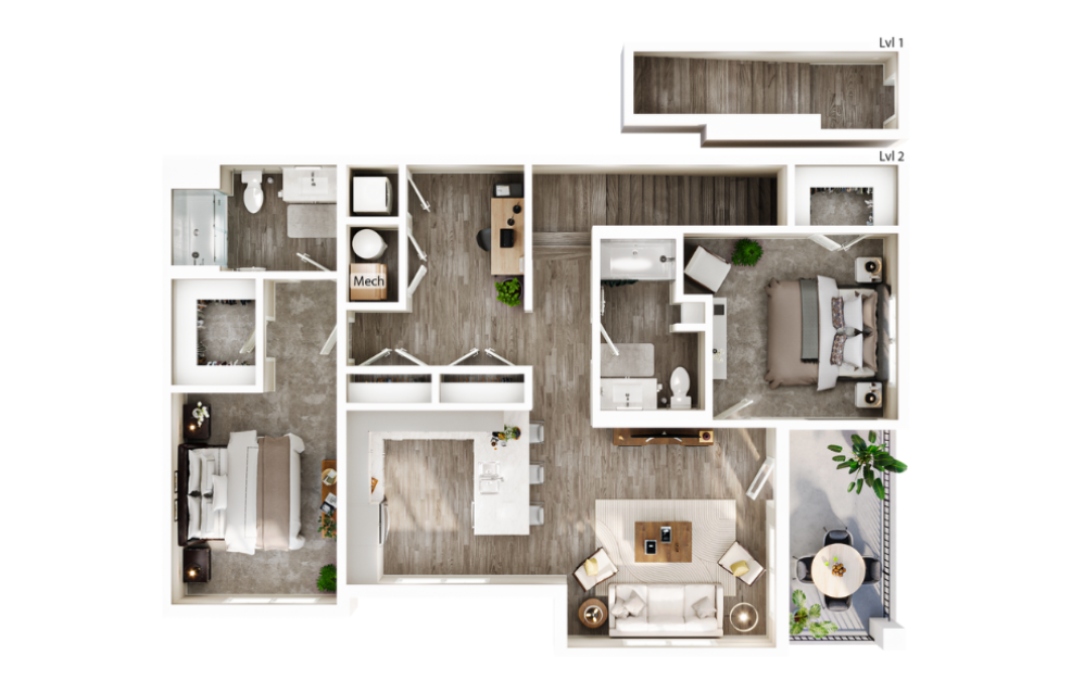 The Beach - 2 bedroom floorplan layout with 2 bathrooms and 1408 square feet (3D)