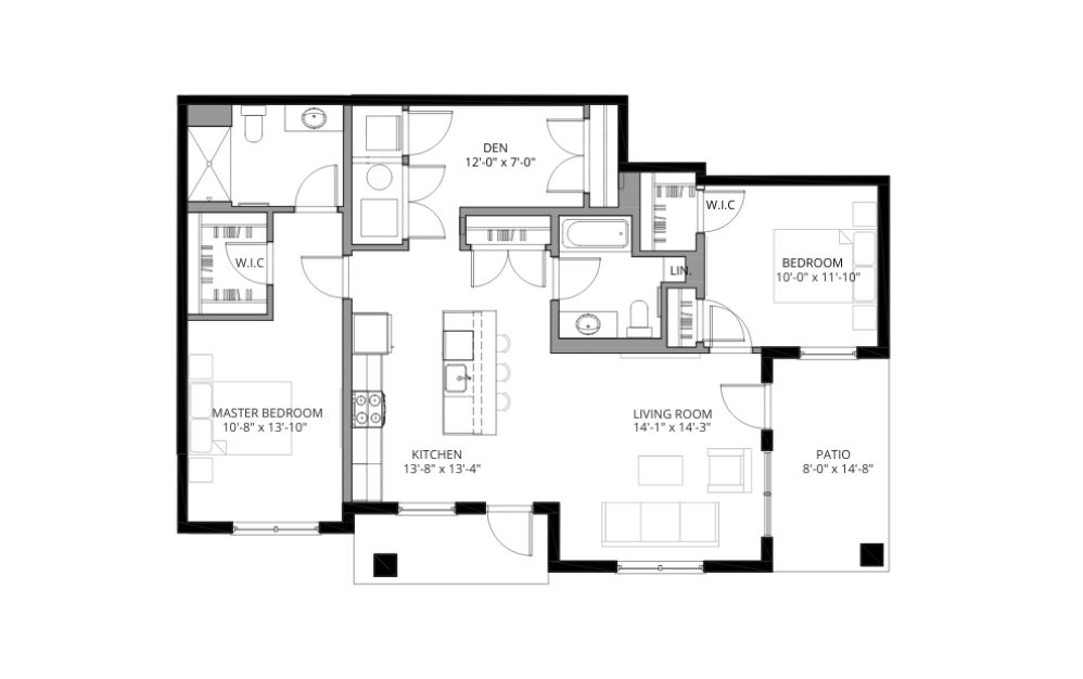 The Oak - 2 bedroom floorplan layout with 2 baths and 1268 square feet. (2D)