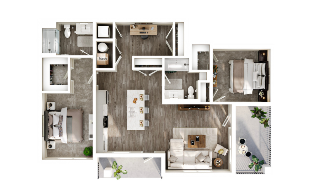 The Oak - 2 bedroom floorplan layout with 2 bathrooms and 1268 square feet (3D)