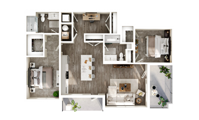 Two-bedroom floorplan with open kitchen and island, living area, and private balcony. Includes two full bathrooms, laundry area, and a dedicated office space. Bedrooms are located on opposite sides for added privacy.